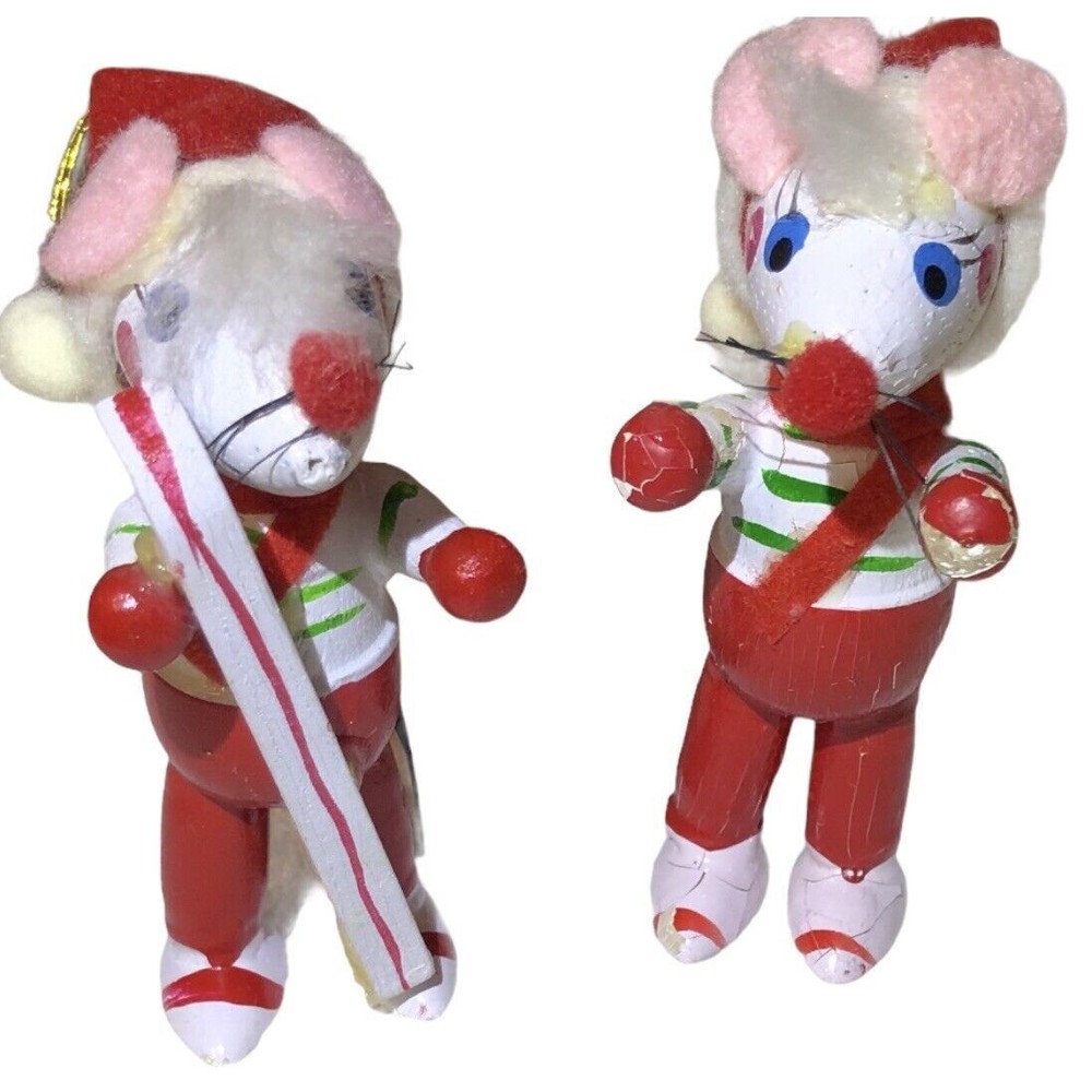 Wooden 3” Christmas mouse VTG ornaments Made In Taiwan‎ Hand painted/made